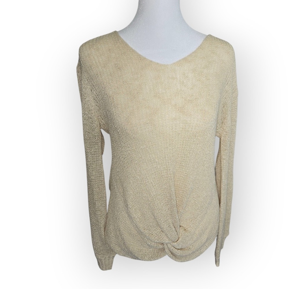 MINE Women's Cream Knitted V Neck Twist Front Long‎ Sleeve Sweater Top Size M